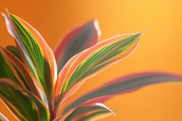 Vibrant foliage with colorful, striped leaves against an orange backdrop.