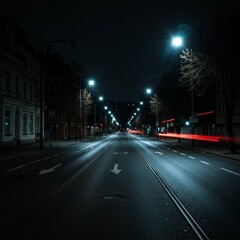 Empty City Street at Night with Streetlights and Light Trails