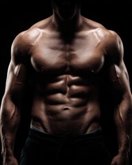 Fototapeta premium Muscular Male Torso in Shadow with Defined Abs and Strong Arms