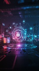 Cybersecurity Network: Glowing Cityscape with Digital Shield