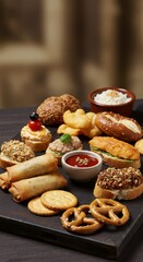 Assortment of Appetizers on Dark Wooden Board