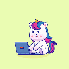 Vector illustration of cute cartoon unicorn working on laptop. Animal and technology icon concept Isolated. Babby unicorn in flat cartoon style.