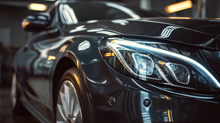 Black car headlight luxury vehicle auto automotive automobile front view transportation design modern