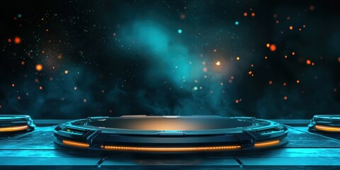 an illustration of a stage with smoke and space 