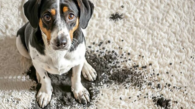 Cute guilty dog looking up with innocent eyes after making mess on white carpet at home. Concept of naughty pet, dog behavior, home cleanliness, guilty expression