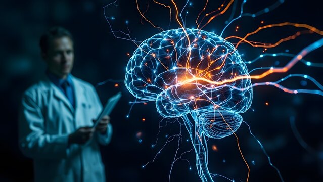 Doctor Analyzing Brain Activity Through Virtual Neural Interface