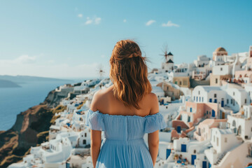 Obraz premium Back side of a beautiful woman in her light blue dress, standing with Santorini's view in front of her..