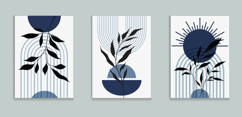 Abstract botanical wall art prints sun moon poster. Contemporary minimalist backgrounds modern boho style. Mid century wall decor, art print. Illustration