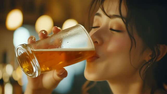 ビールを楽しむ若い日本人女性の明るい笑顔