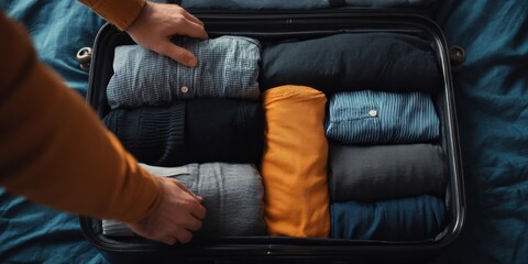 Hands Arranging Clothes in Suitcase Organizer