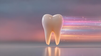Fototapeta premium Tooth with clean glowing white trails behind it, soft motion effect, pastel color palette