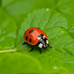 Fototapeta premium Ladybug on green leaf