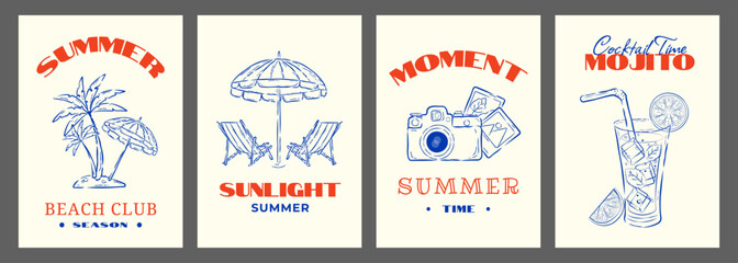 Vintage Summer Print with Doodle Travel Elements and Trendy Retro Typography. Cute Travel Beach Grunge Art Postcard, Poster or Banner. Summer Background with Beach Scenery, Cocktail, Camera, Palm Tree