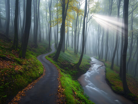 Misty Forest Path & Stream