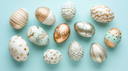 Obraz premium Artistic arrangement of decorative Easter eggs with metallic foil and glitter on blue background