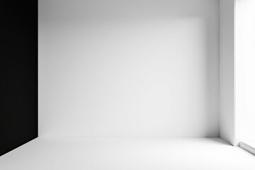 Obraz premium Empty room interior design featuring a minimalist monochrome palette with a single black wall, ideal for showcasing product placement or architectural visualization