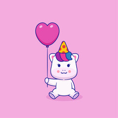 Vector illustration of cute cartoon unicorn wear birthday hat and holding balloon. Animal celebrate birthday party icon concept Isolated. Unicorn in flat cartoon style