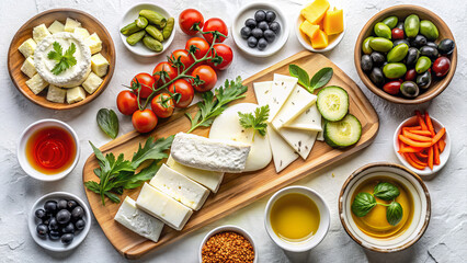 Traditional Turkish Breakfast  – Authentic Kahvaltı Spread with Cheese, Olives, Simit, Menemen, and Tea on White Background