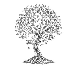 Stylized tree silhouette with intricate branch and leaf details drawing art