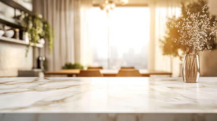 Luxurious marble kitchen counter with bright interior and elegant design for product advertising