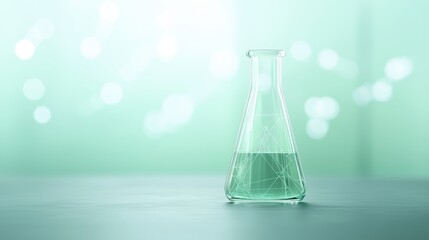 A clear glass laboratory flask filled with a green liquid, set against a soft bokeh background. Perfect for themes related to chemistry, experiments, and scientific research.