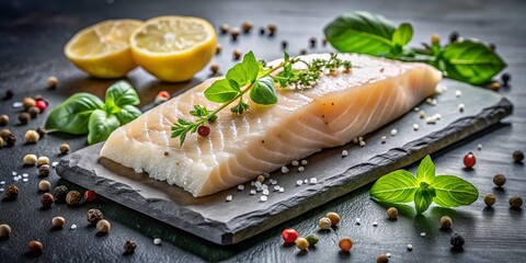 Fresh Raw Cod Fillet with Spices on Stone Plate - Gourmet Seafood