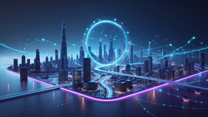 Futuristic metropolis connected by digital networks depicting smart city technologies