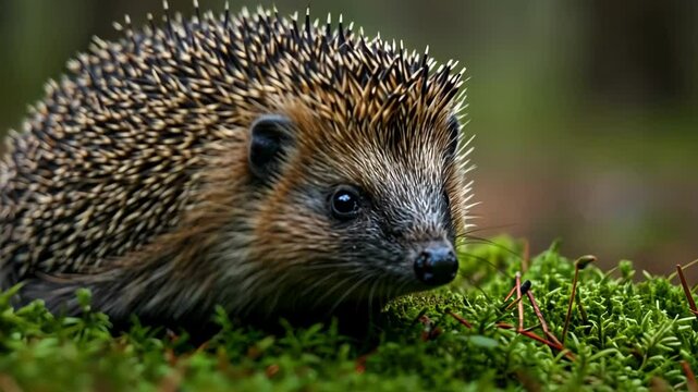 Cute hedgehog in the forest on moss