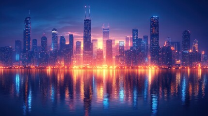Obraz premium City skyline at sunrise reflected in water