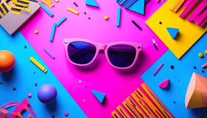 Funky 90s Vibe Neon Fashion Portrait – Stylish Sunglasses Surrounded by Colorful Geometric Shapes, Retro Pop Art Elements, and Bold Vibrant Aesthetic