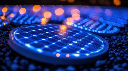 Close-up view of illuminated solar panels on gravel at night with bokeh lights in background