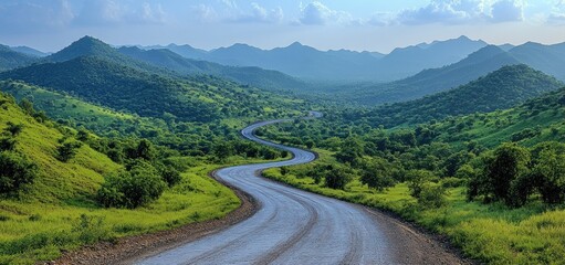 Fototapeta premium Serene Winding Road Through Lush Green Mountains