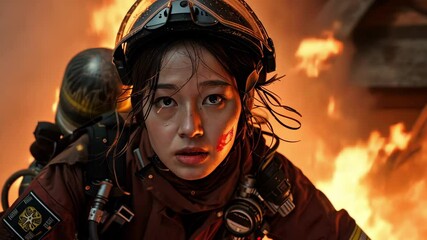 Brave asian woman firefighter in action battling blaze with intensity. concept of heroism, courage, firefighting, rescue, female empowerment