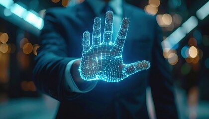 A digital futuristic interface showing a glowing hand grid symbolizing technology, identity verification and security