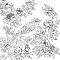 Bird and flowers illustration. Adult coloring page