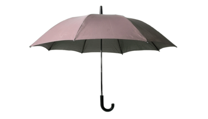 Black umbrella with a curved handle against a white background.