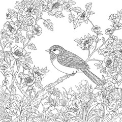Bird and flowers illustration. Adult coloring page