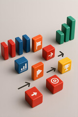 Obraz premium Glossy dominoes and solid-colored cubes arranged on a soft gray background with data tracking, goal, and competition icons plus directional arrows, symbolizing achievement, strategy, and progress.