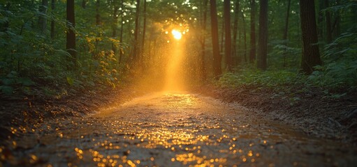 Fototapeta premium Golden Hour Forest Path: A Magical Sunset Walk