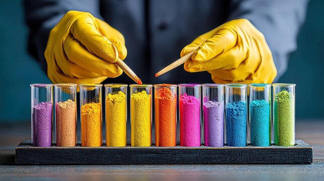 Rare Earth Materials Preparation, organized tray of unique elemental samples, gloved hands meticulously handling materials for precise atomic absorption analysis in a clean lab environment