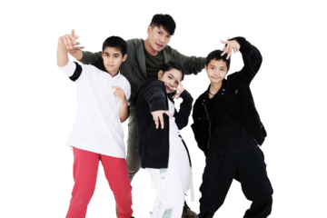 Smiling Asian young professional dancer teacher and performance students for dancing team posting hip hop in dance classroom studio. Education and sport group workout for hobbies of kids concept