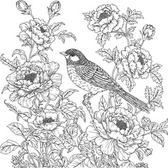 Bird and flowers illustration. Adult coloring page