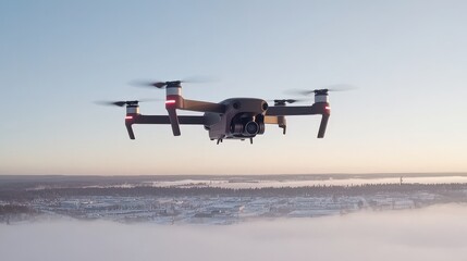 A drone hovers in the sky, capturing stunning aerial views over a misty landscape
