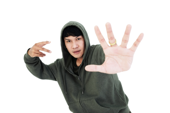 Smiling Asian young professional dancer man is hip hop dancing in class studio. Education and sport for hobbies concept