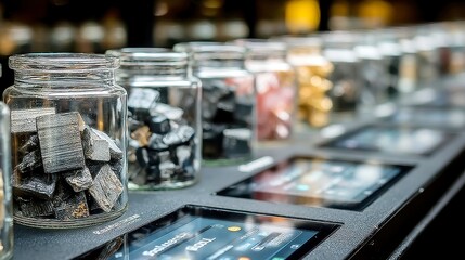 Futuristic Lab of Rare Earth Materials, transparent containers showcase rare earth filings and shards, organized with touch-screen data panels in a sleek, high-tech environment