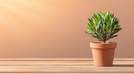 Fototapeta premium Olive Tree in Terracotta Pot on Wooden Surface with Muted Earth Tone Background