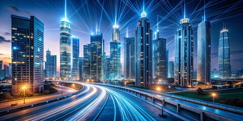 Obraz premium Futuristic Tech Cityscape: Internet & Science Building at Night