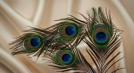 Obraz premium Five Peacock Feathers Displayed on Cream Satin Fabric Close Up High Angle Still Life Composition for Decoration