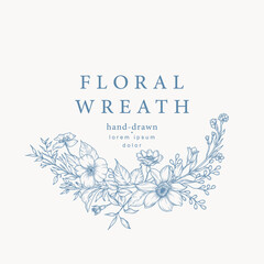 Vintage floral vector wreath. Hand drawn elegant floral line art. Botanical elements of wild and garden flowers, branches, leaves, herbs. Vector illustration for wedding invitation, save the date card