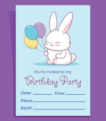 Birthday invitation with bunny and balloons on blue background. You can put your own text. Children's vector illustration